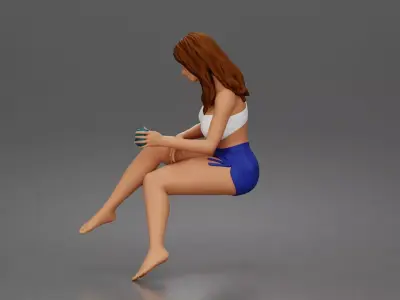 Relaxed woman sips morning coffee wearing summer top and shorts 3D print model