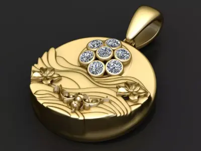 Floral Sun and Waves Medallion Pendant with Diamond Cluster 3D print model