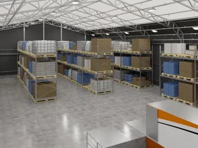 Warehouse 3 orange and truck in 3D model
