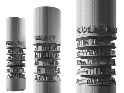Round columns racks with goods Cosmetics products showcase 3D model