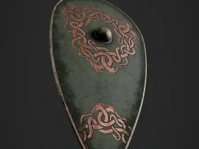 Slavic kite leather shield-painted green with uroboros symbol Low-poly 3D model