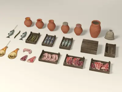 Medieval street markets props collection Low-poly 3D model
