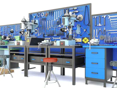 Industrial workbench garage tools and TV4 lathe drilling machine 3D model