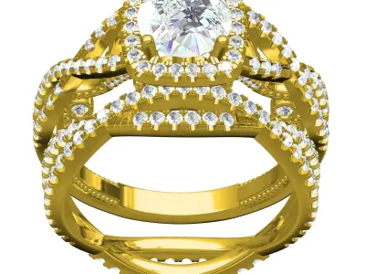 Antique Round Diamond Square Halo Twisted Shank Ring Set 3D print model