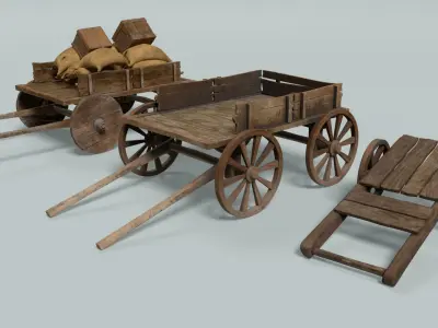 chariot two wooden wagons 3D model