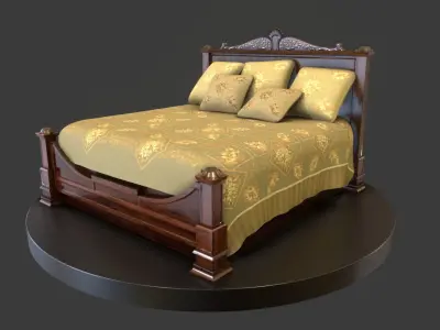 Vintage Wooden Bed Low-poly 3D model