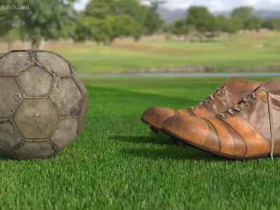  Soccer Ball Old Torn with Vintage Boots on Grass Fur 