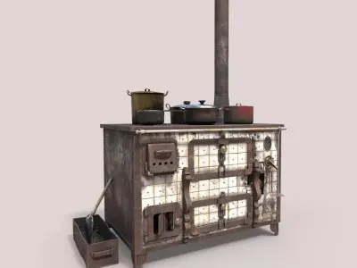 Old Stove With Pots 3D model