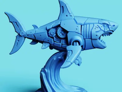 Mecha Shark Attack Statue  Sci-Fi Ocean Figure 3D print model