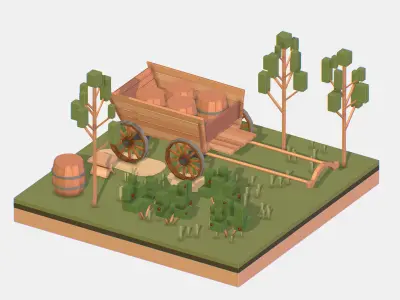 Isometric Village Wood Cart Barrel  Low-poly 3D model