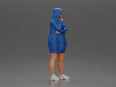 Hooded Woman Standing Thoughtfully Arm Crossed 3D print model
