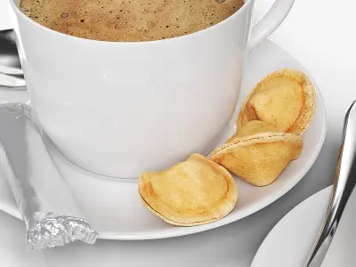 Hot Coffee Cup with Chocolate Stick and Cookies 3D model