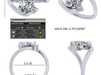 Pear And Round Stone Bypass Ring 3D print model