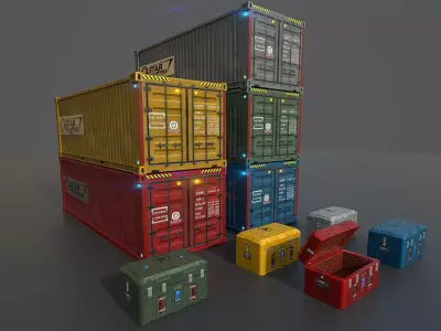 Low poly container and scfi box Low-poly 3D model