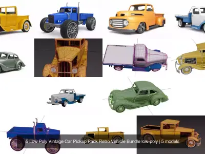 5 Low Poly Vintage Car Pickup Pack Retro Vehicle Bundle low-poly
