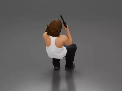 Man sitting with gun in hand pointing forward calmly 3D print model