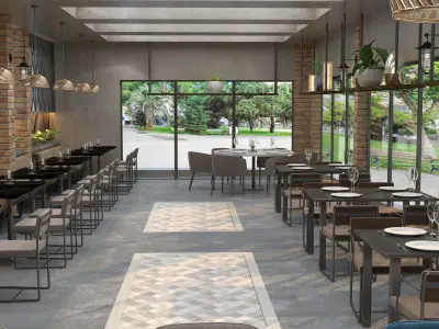 Industrial coffee bar restaurant interior design 3D model purchase