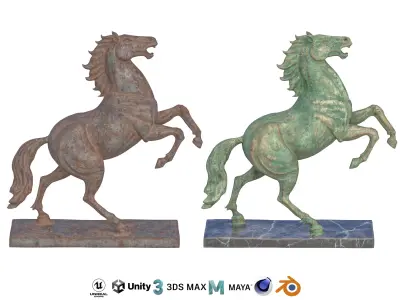 Rearing horse rusted statues Low-poly 3D model