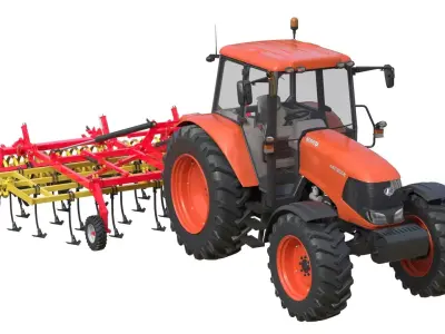 Kubota M130X1 Tractor and Agricultural Cultivator Low-poly 3D model