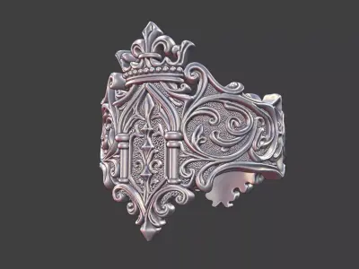 Heraldic scrollwork crown ring signet ring 3D print model