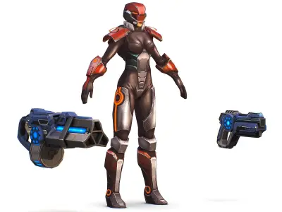 Sci-fi Female Cyborg - Woman Machine Gun Low-poly 3D model