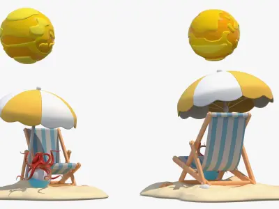  Cartoon Beach Set with Umbrella Chair and Octopus under Sun 