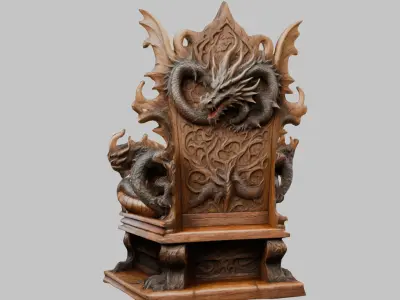 Medieval Fantasy Wooden Carved Dragon Throne Low-poly 3D model