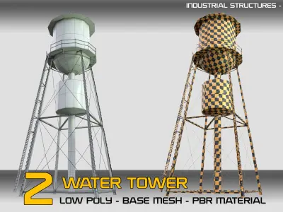 2 Water Towers with PBR material Low-poly 3D model