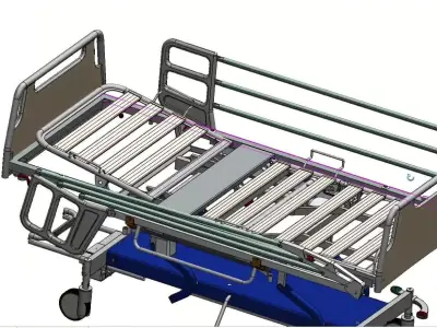Hospital Adjustable Bed with Side Rails and Swivel Casters 3D model
