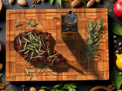 Wooden Board with Meat and Rosemary Oil 3D model