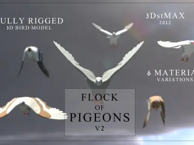 Flock of Birds - Pigeons - Rigged - Animated Low-poly 3D model