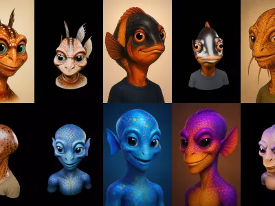 Head Fish bundle 14 pack 100 glb Low-poly 3D model