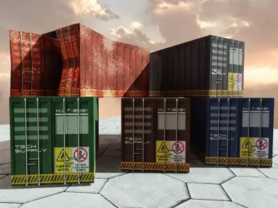 Industrial Containers Set 4 Colors 1 Damaged Low-poly 3D model