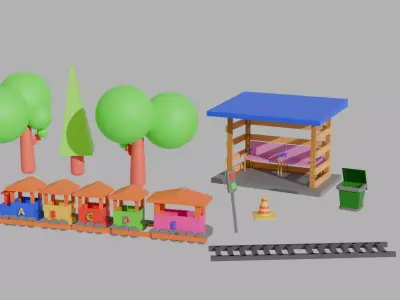  Low Poly Train Model AND TRESS BUS STOP TRAFIC LIGHT DUST BIN Low-poly 3D model
