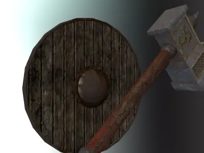 Fantasy warhammer and shield Free low-poly 3D model