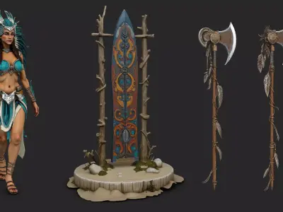 Native american warrior woman with axe high poly resolution 3D model