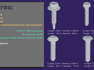 Fasteners Bolts Screws Set 3D model