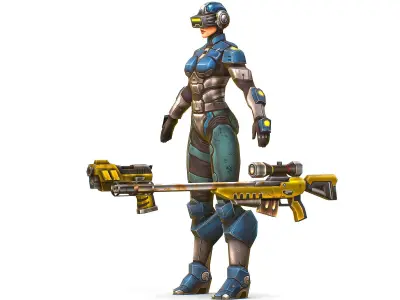 Cartoon Sci-Fi Cyborg Drone Sniper Soldier Low-poly 3D model 4