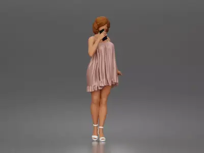 Chic woman chatting on phone wearing flowy mini dress and heels 3D print model