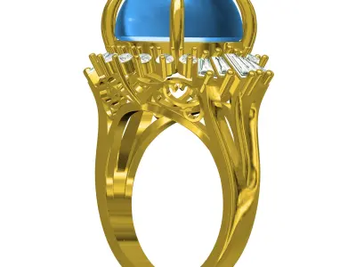 Antique Cabochon Stone Round and Baguette Diamond Cluster Ring 3D print model