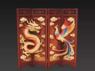 Antique Style Screen Dragon and Phoenix Bringing Prosperity 1 3D model