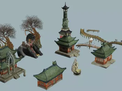 Ancient C Japanese Village Collection Low-poly 3D model Low-poly 3D model