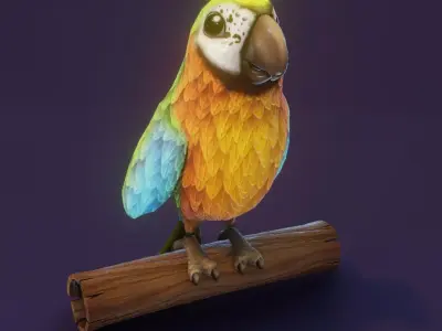 Cartoon Ara Parrot Blue-Yellow-Green Rigged 3D Model Low-poly 3D model