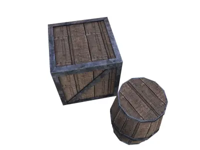 Wooden Box and Barrel Free low-poly 3D model