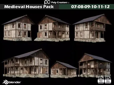 Medieval Houses Pack 07-08-09-10-11-12 - 4K Textures Game Ready Low-poly 3D model