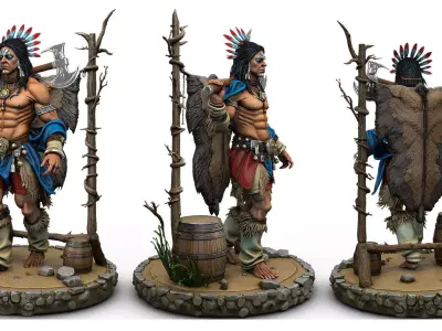 Native amerian warrior with axe with wooden bracket 3D model