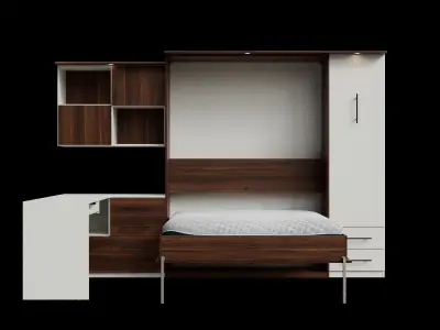 White Desk Dark Brown Cabinet Wall Bed 3D model