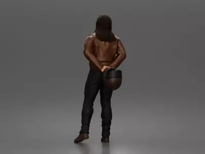 biker stands calmly holding helmet behind awaiting ride 3D print model