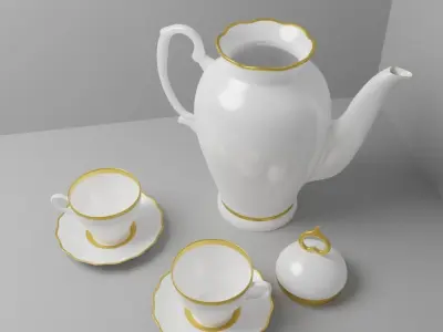 Antique tea set for two with elegant teapot Low-poly 3D model
