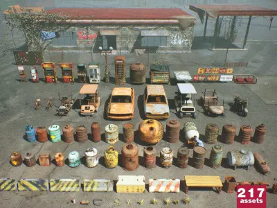 Post-Apocalyptic Junkyard Rusty Gas Station Props Pack  Low-poly 3D model